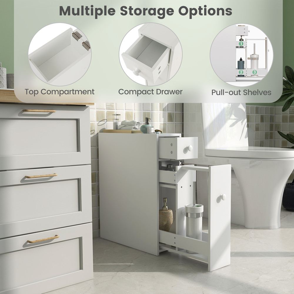 Bathroom Cabinet Space Saver Storage Organizer with Drawers & Shelves, Slim Floor Standing Bathroom Storage for Towels