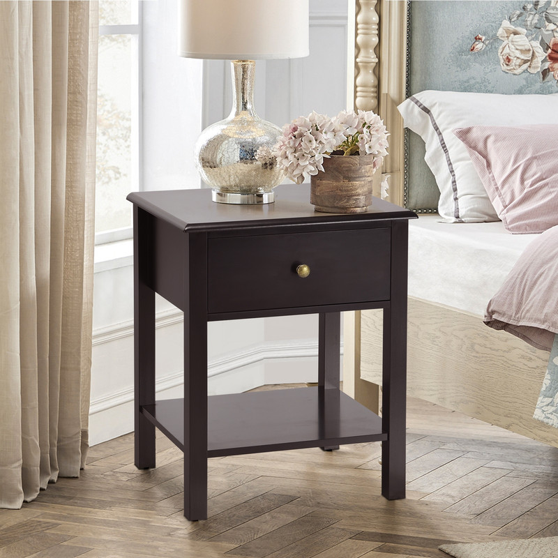 Modern Nightstand End Table with Drawer and Shelf, Wood Accent Side Table for Bedroom, Living Room, Bedside Storage