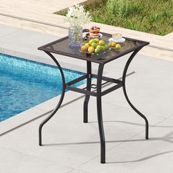 28.5" square outdoor glass top patio table with rattan edge, tempered glass bistro table for backyard, balcony