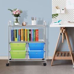 4 drawers shelves rolling storage cart rack with wheels, utility organizer for home office bathroom kitchen salon