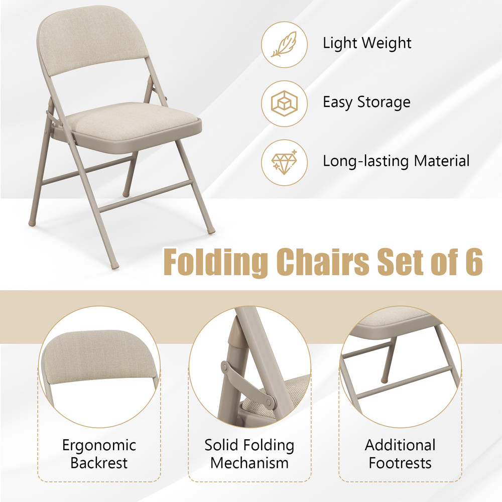 Foldable Chair Set of 6 with Padded Seat and Fabric Covered Backrest, Durable Metal Frame Folding Chairs for Home Office