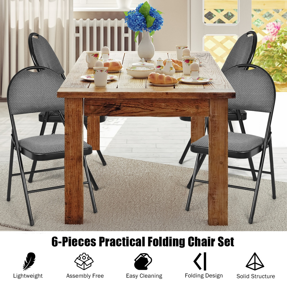 6 Pieces Folding Chairs Set with Handle Hole & Portable Backrest, Lightweight Padded Metal Frame Chairs for Dining