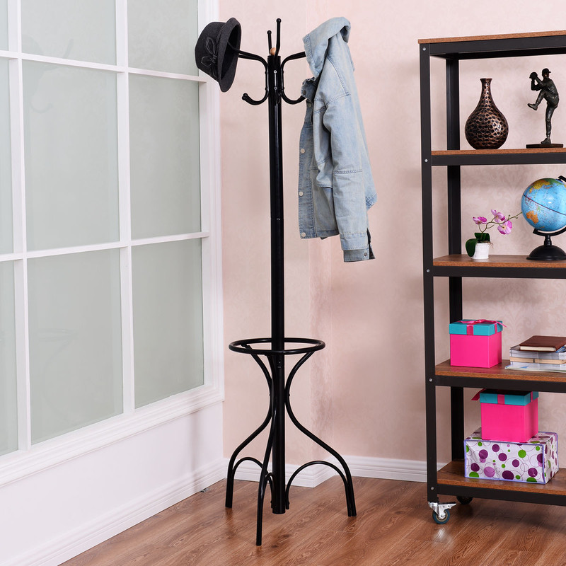 Vintage Metal Coat Hat Tree Stand Clothes Hanger with Umbrella Holder, Freestanding Entryway Rack with 2-Tier Hook