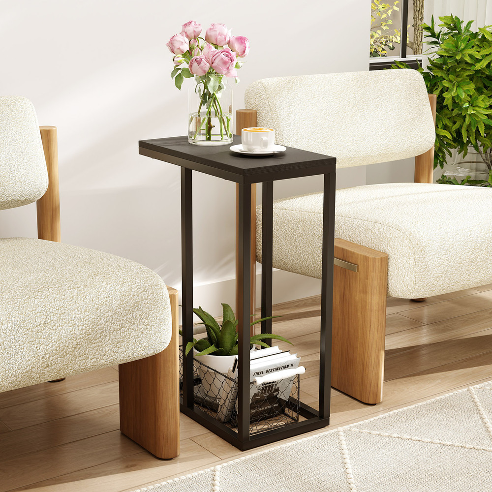 C-Shaped End Table Slide Under Couch TV Tray for Coffee, Laptop, Tablet, Modern Sofa Side Table for Small Spaces