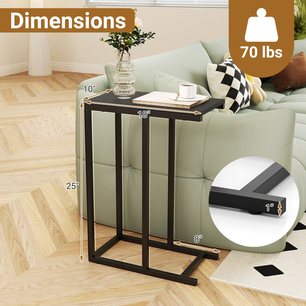 C-Shaped End Table Slide Under Couch TV Tray for Coffee, Laptop, Tablet, Modern Sofa Side Table for Small Spaces