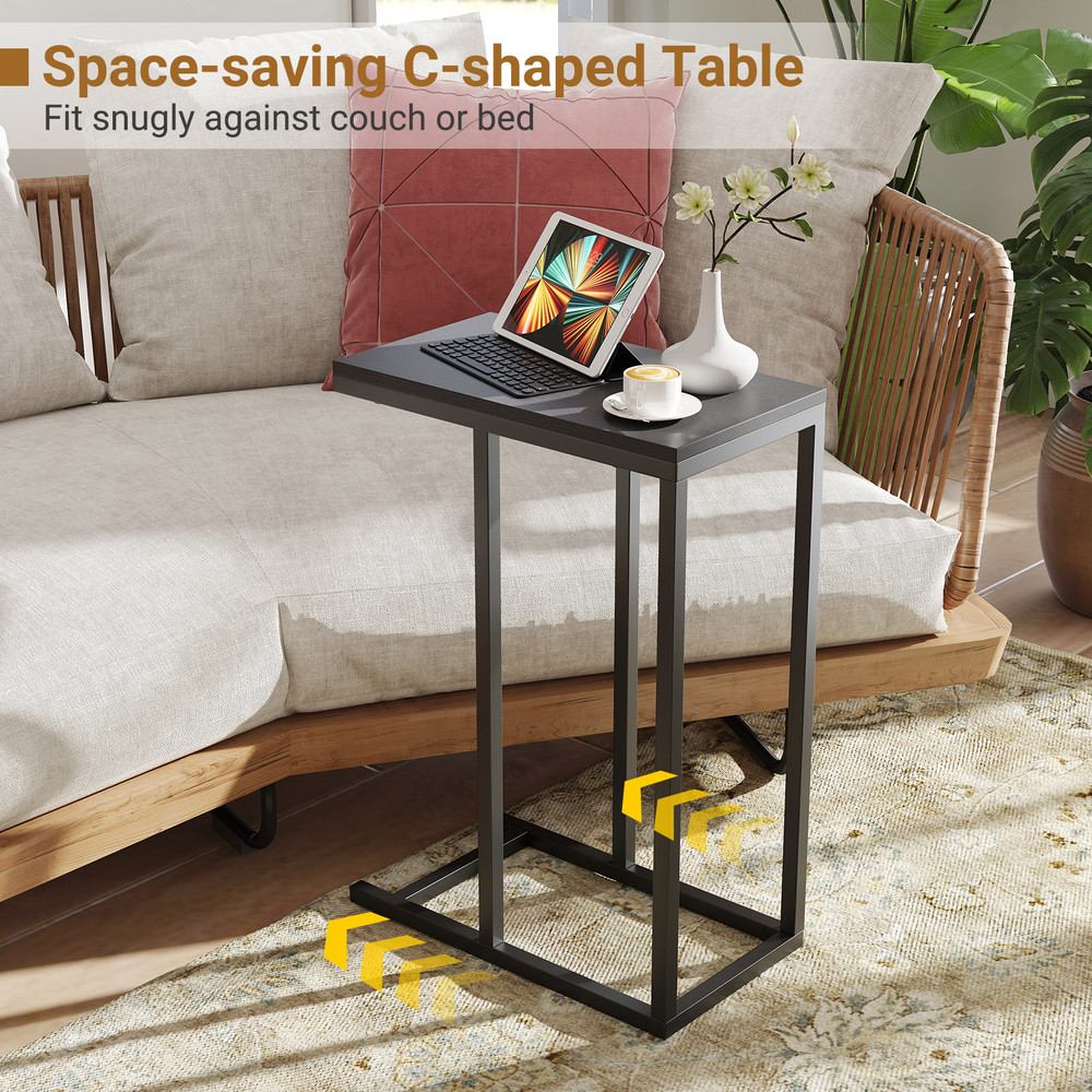 C-Shaped End Table Slide Under Couch TV Tray for Coffee, Laptop, Tablet, Modern Sofa Side Table for Small Spaces