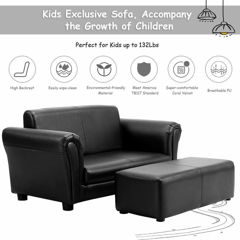 Kid Double Couch Lounge Sofa with Ottoman, 2-Seater Toddler Chair for Reading, Playroom, Nap Time, Birthday Gift