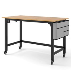 rolling computer desk with lockable casters, mobile workstation table with wood surface & metal frame for home, office