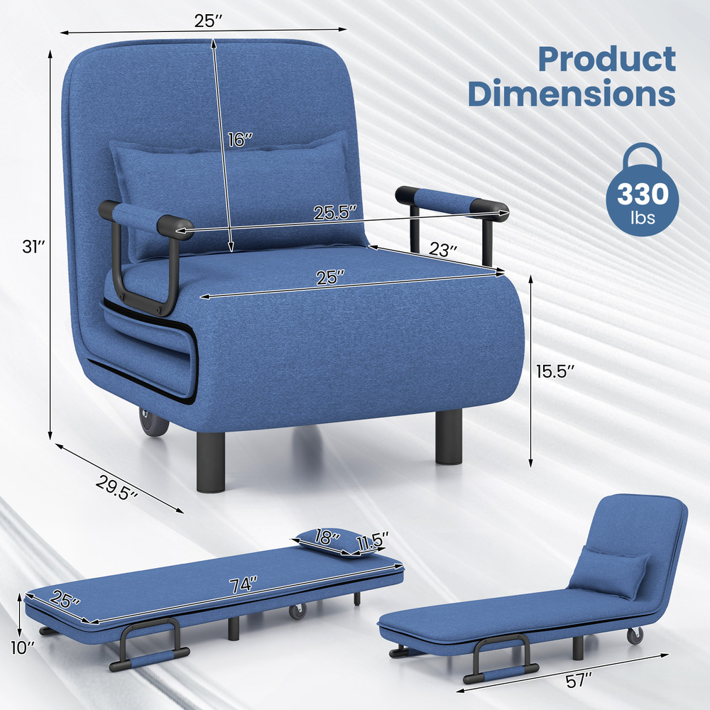 Folding Convertible Sleeper Chair Bed With Adjustable Backrest And Lumbar Support SpaceSaving Recli 7