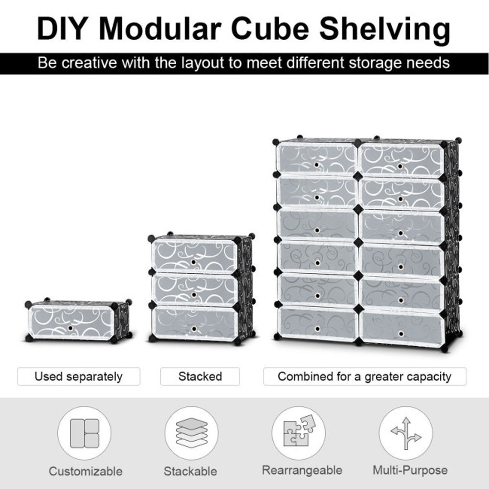 Black Cube DIY Portable Plastic Shoe Rack With Transparent Doors Stackable Storage Organizer For Sh 3