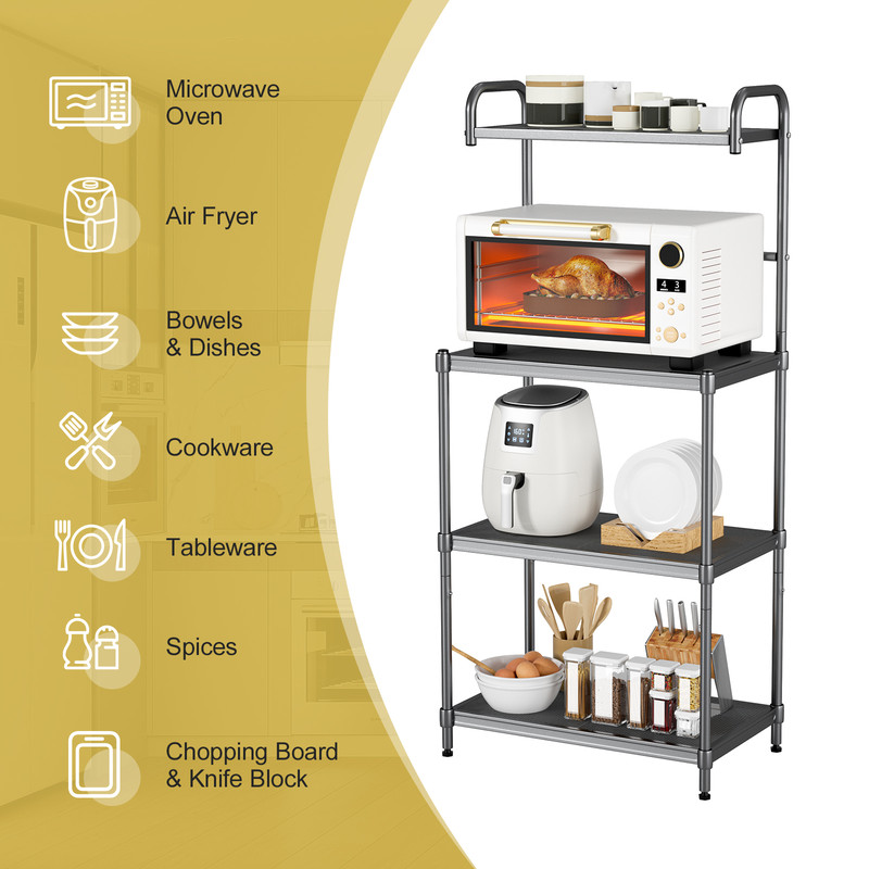 4-Tier Kitchen Microwave Storage Rack with Metal Shelves, Heavy-Duty Organizer for Oven & Utensils