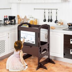 kids height adjustable kitchen step stool with chalkboard, adjustable learning tower with whiteboard & safety rails