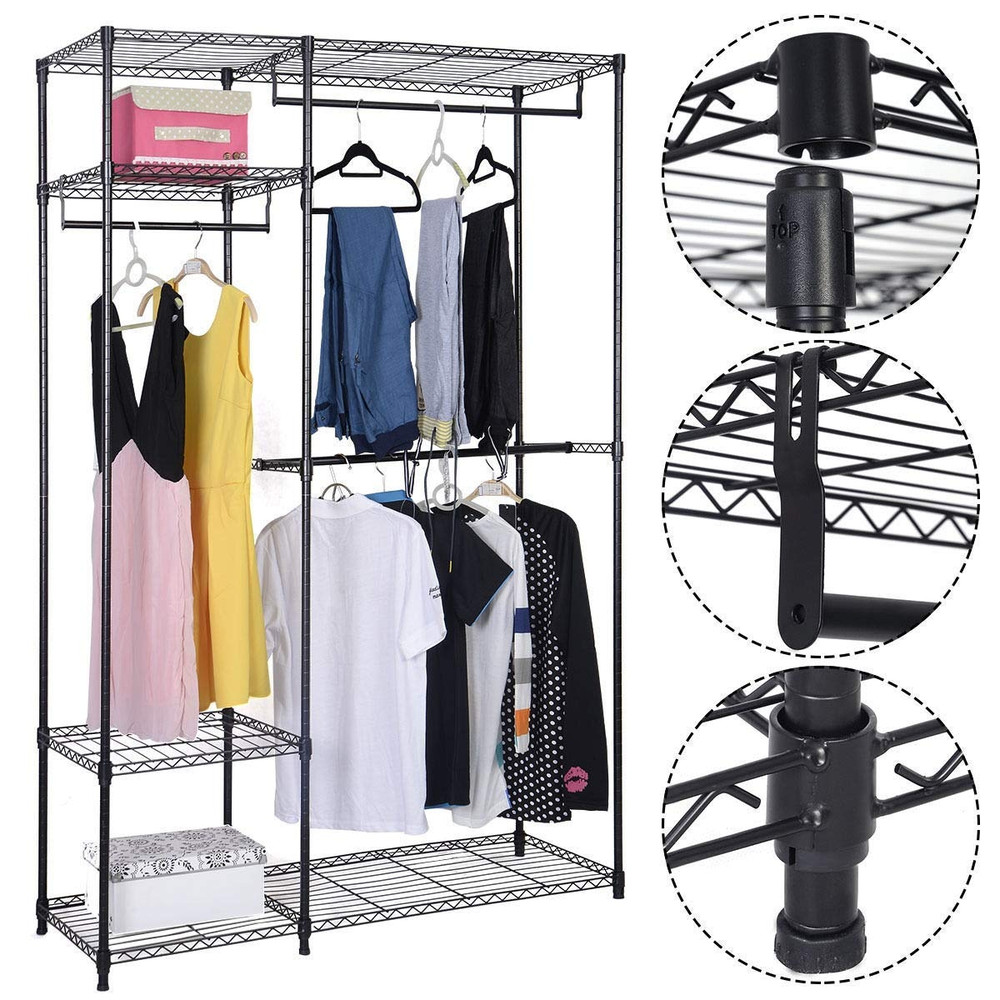 Portable Steel Closet Hanger Storage Rack Organizer, Heavy-Duty Adjustable Wardrobe Shelving for Clothes & Shoes