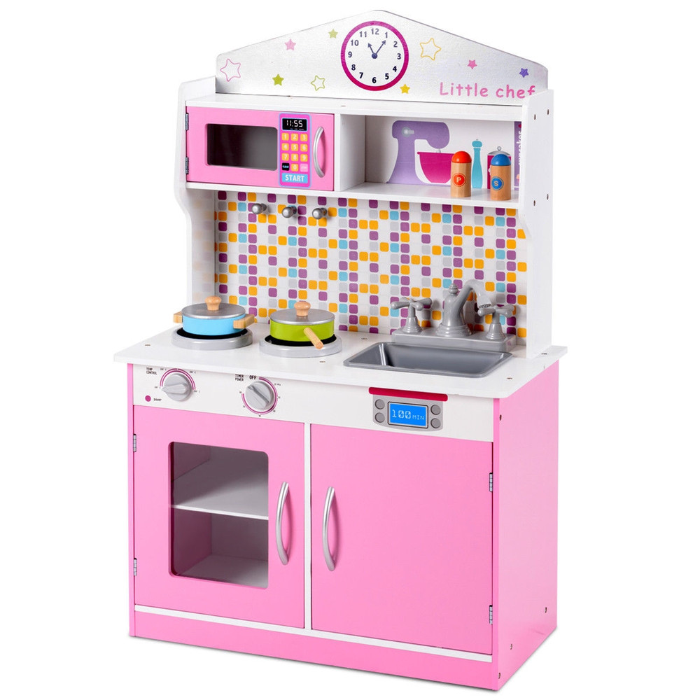 Kids Wooden Pretend Play Kitchen Set – Realistic Toy Cooking Set with Oven, Sink & Stove