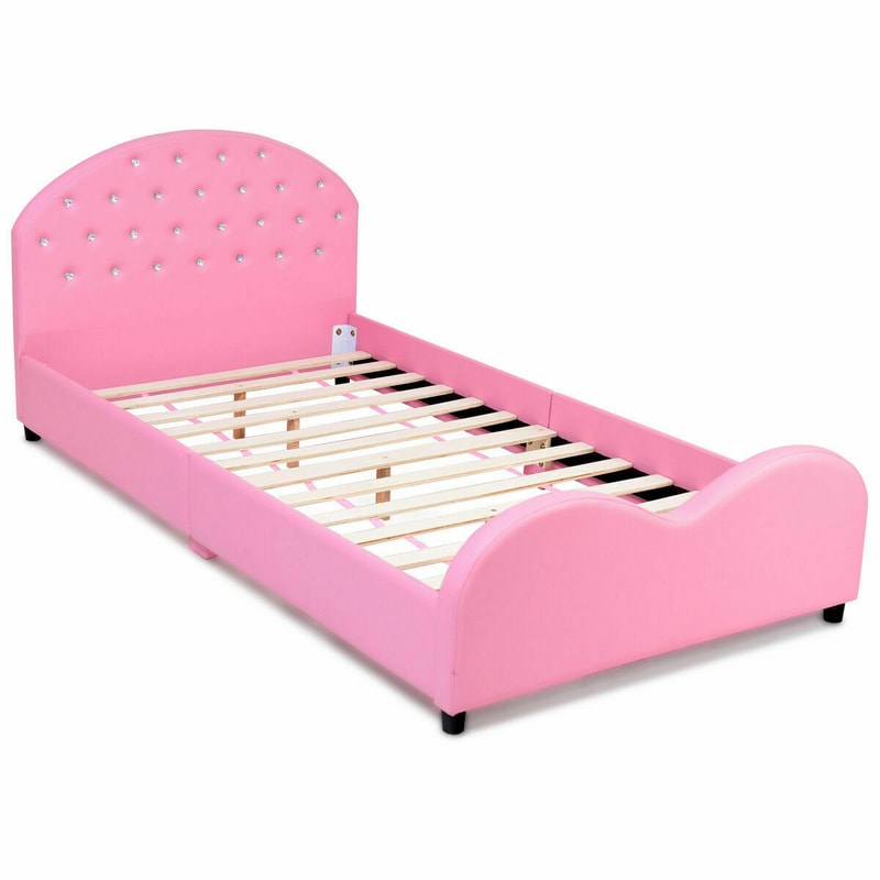 Twin Size Upholstered Platform Toddler Bed with Wood Slat Support – Sturdy Princess Bed for Kids
