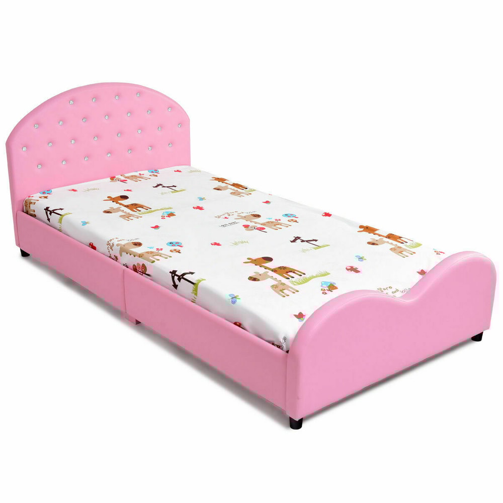 Twin Size Upholstered Platform Toddler Bed with Wood Slat Support – Sturdy Princess Bed for Kids