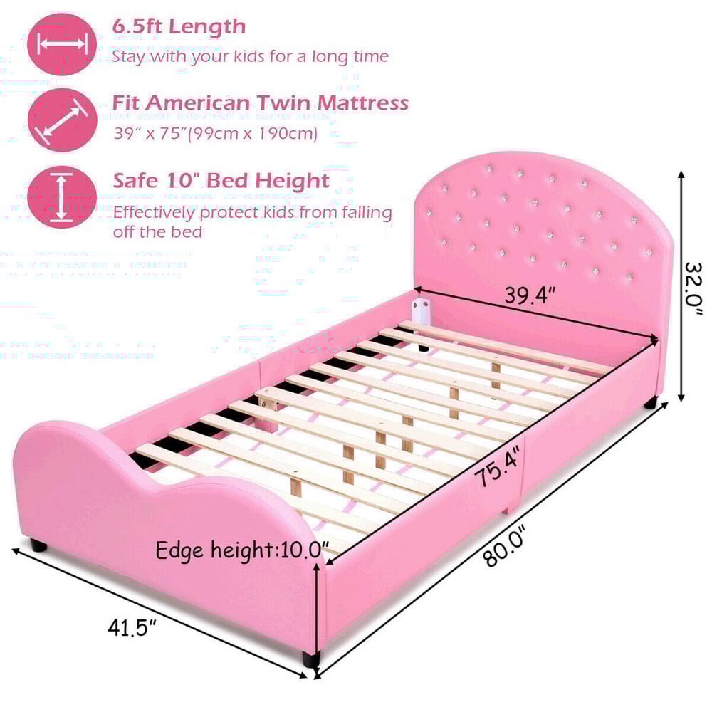 Twin Size Upholstered Platform Toddler Bed with Wood Slat Support – Sturdy Princess Bed for Kids