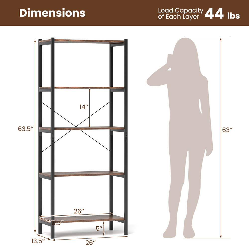 5-Tier Industrial Bookshelf – Heavy-Duty Metal Storage Rack for Home & Office Display