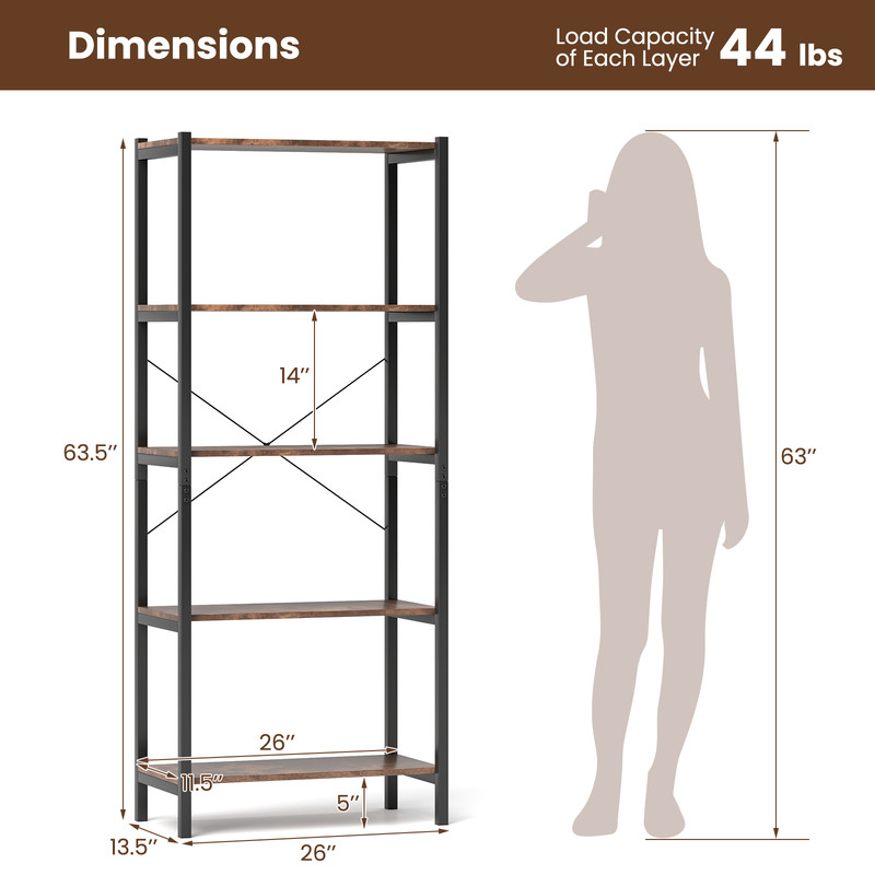 5-Tier Industrial Bookshelf – Heavy-Duty Metal Storage Rack for Home & Office Display