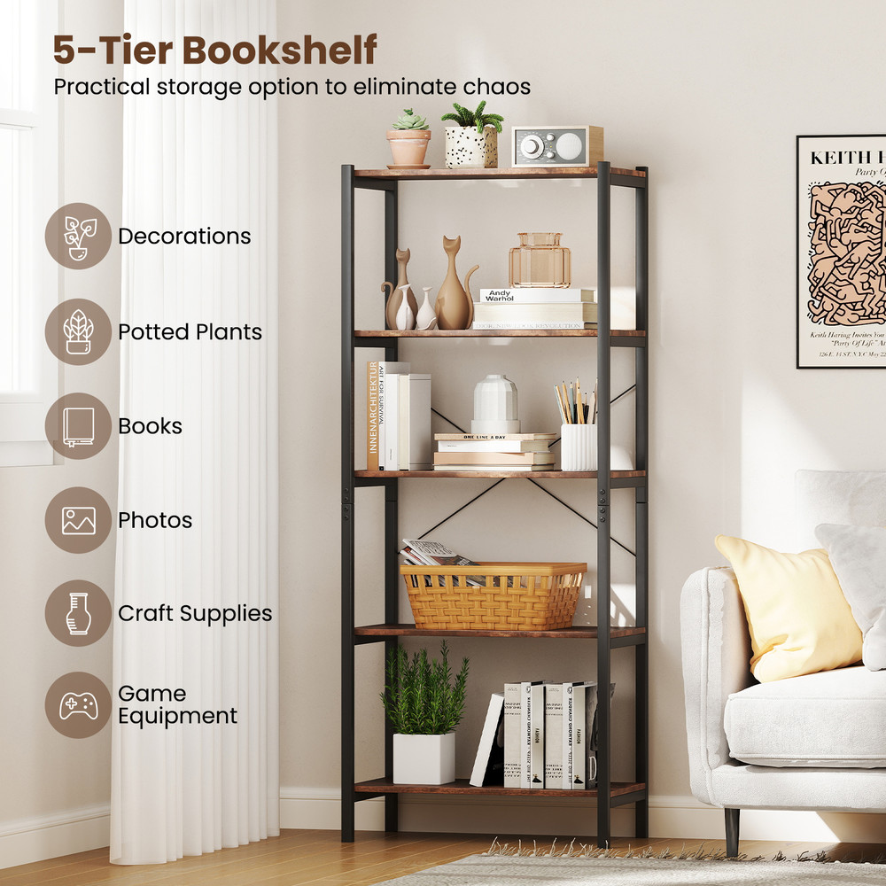 5-Tier Industrial Bookshelf – Heavy-Duty Metal Storage Rack for Home & Office Display