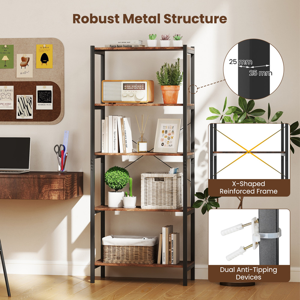 5-Tier Industrial Bookshelf – Heavy-Duty Metal Storage Rack for Home & Office Display