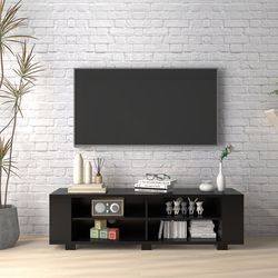 modern wooden tv stand for 65-inch flat screens, 8 open shelves for storage