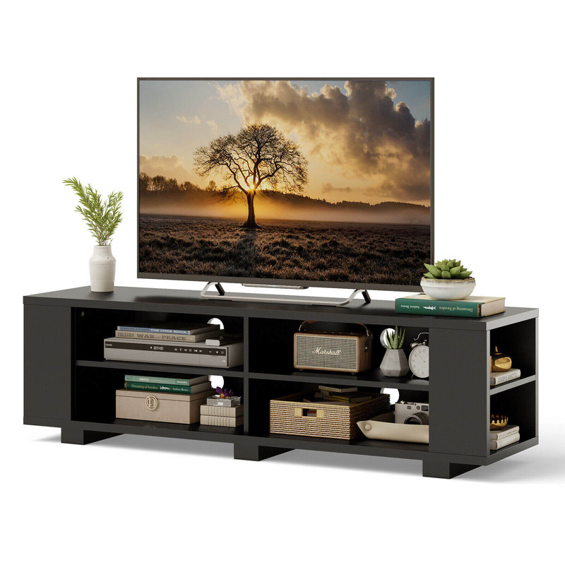 Modern Wooden TV Stand for 65-Inch Flat Screens, 8 Open Shelves for Storage
