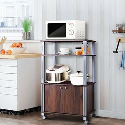 space-saving bakers rack on wheels, 2-tier shelf & cabinet for kitchen storage