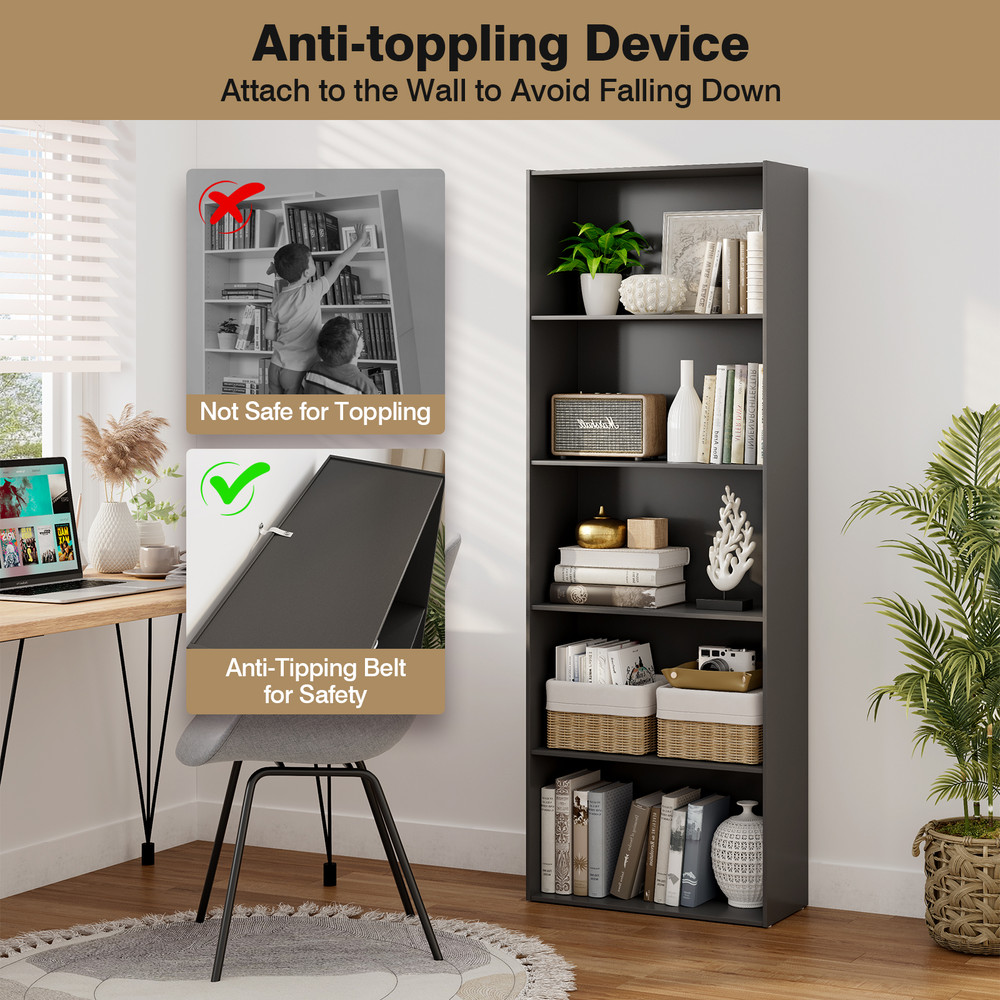 MultiPurpose 5Shelf Wood Bookcase Stylish  Functional Home Office Storage Solution 2