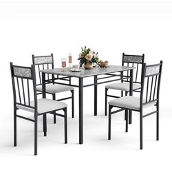 modern faux marble dining set table with sturdy steel frame, space-saving dining table and chairs for home use