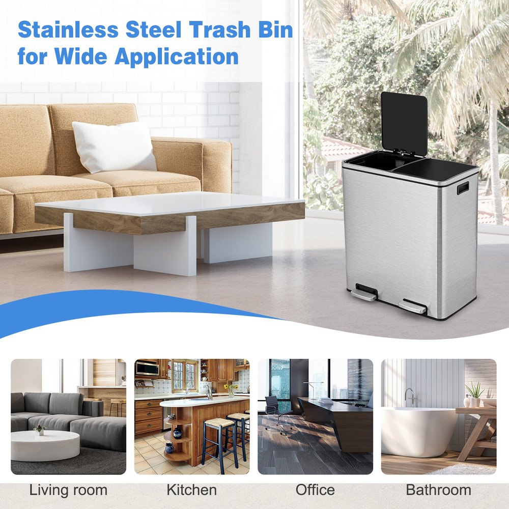 Stainless Steel Dual Step Trash Can Double Bucket Pedal Recycling Bin With Silent Lid Removable Inn 3
