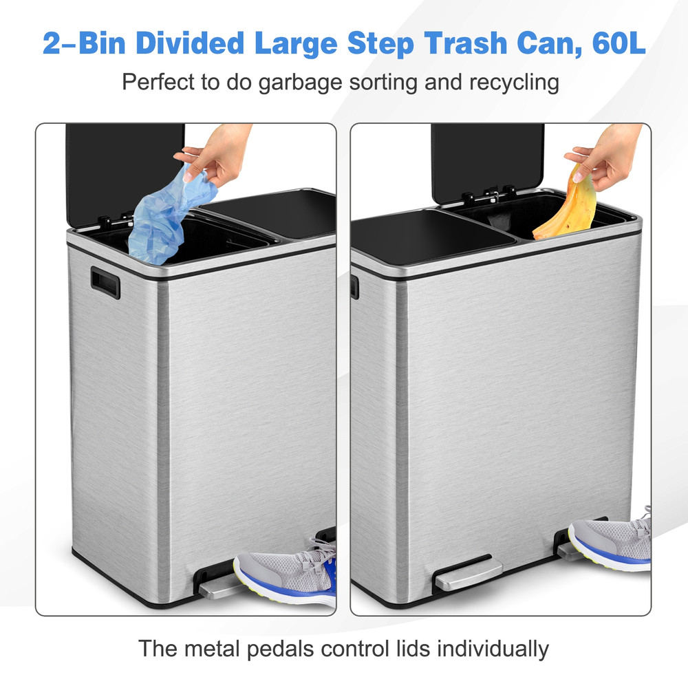 Stainless Steel Dual Step Trash Can Double Bucket Pedal Recycling Bin With Silent Lid Removable Inn 5
