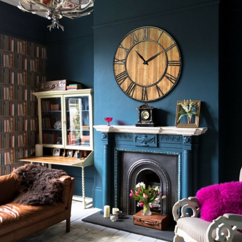 Large Silent Wooden Wall Clock Decorative Round Clock With Battery Operation Rustic Farmhouse Style 1