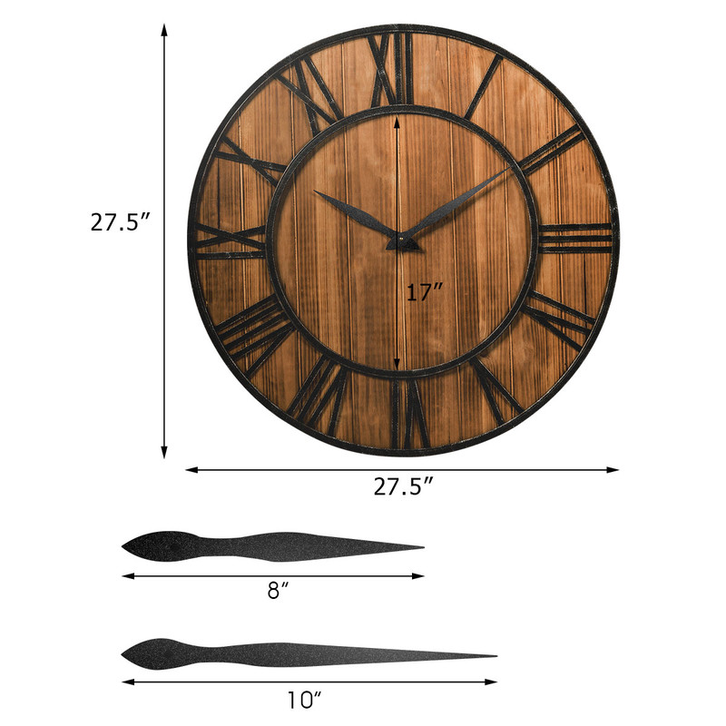 Large Silent Wooden Wall Clock Decorative Round Clock With Battery Operation Rustic Farmhouse Style 6