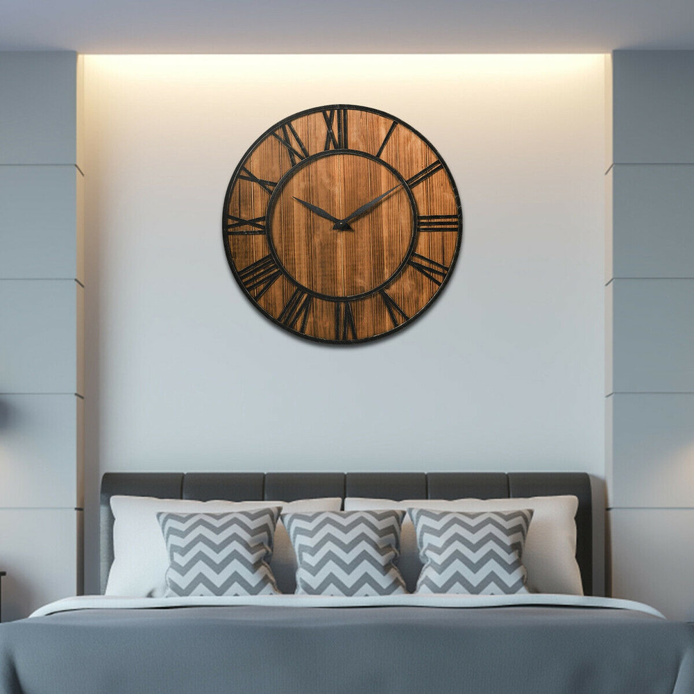 Large Silent Wooden Wall Clock Decorative Round Clock With Battery Operation Rustic Farmhouse Style 3