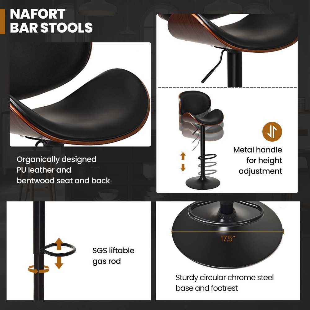 Modern Set PU Leather Adjustable Swivel Bar Stools Counter Height Chairs With Curved Footrest Back 2