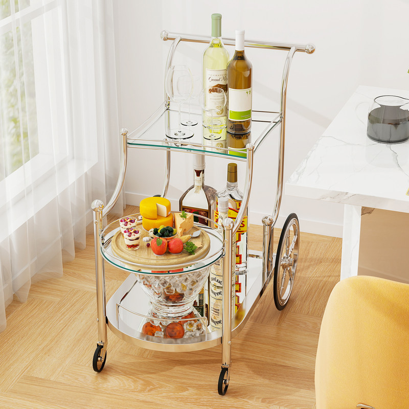 Luxury Kitchen Rolling Bar Cart With Mirrored Tempered Glass Shelves Mobile Beverage Wine Cart For 2
