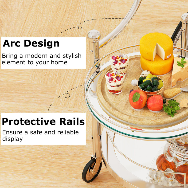 Luxury Kitchen Rolling Bar Cart With Mirrored Tempered Glass Shelves Mobile Beverage Wine Cart For 3