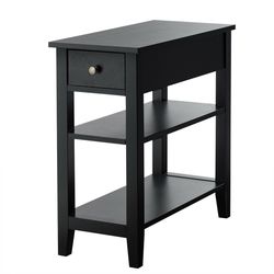 modern end table with drawer slideway & double shelves, slim storage nightstand for bedroom, living room, entryway