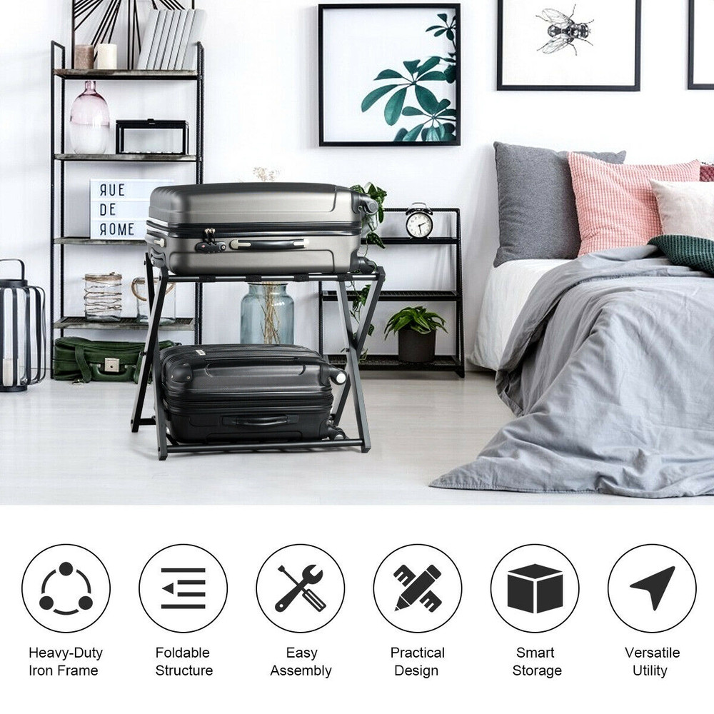 Folding Metal Luggage Rack Set Durable Suitcase Stand With Storage Shelf Portable Guest Room Organi 2