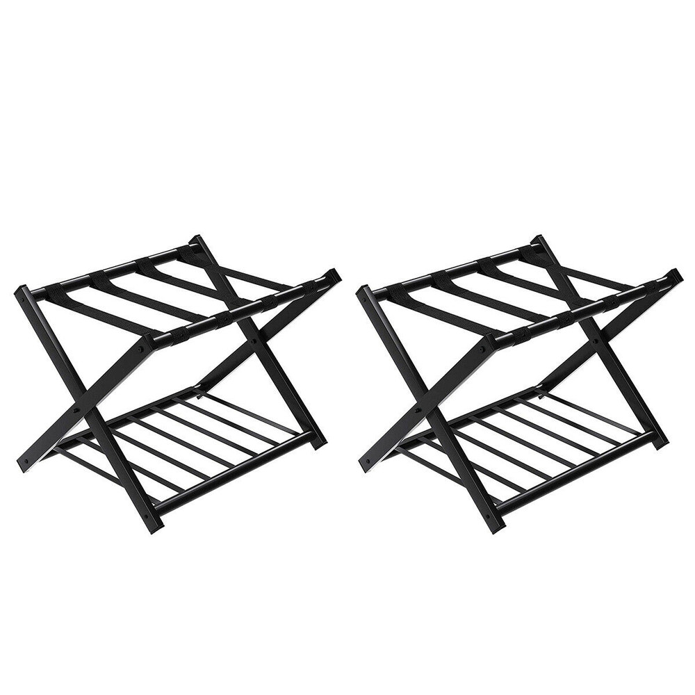 Folding Metal Luggage Rack Set Durable Suitcase Stand With Storage Shelf Portable Guest Room Organi 0