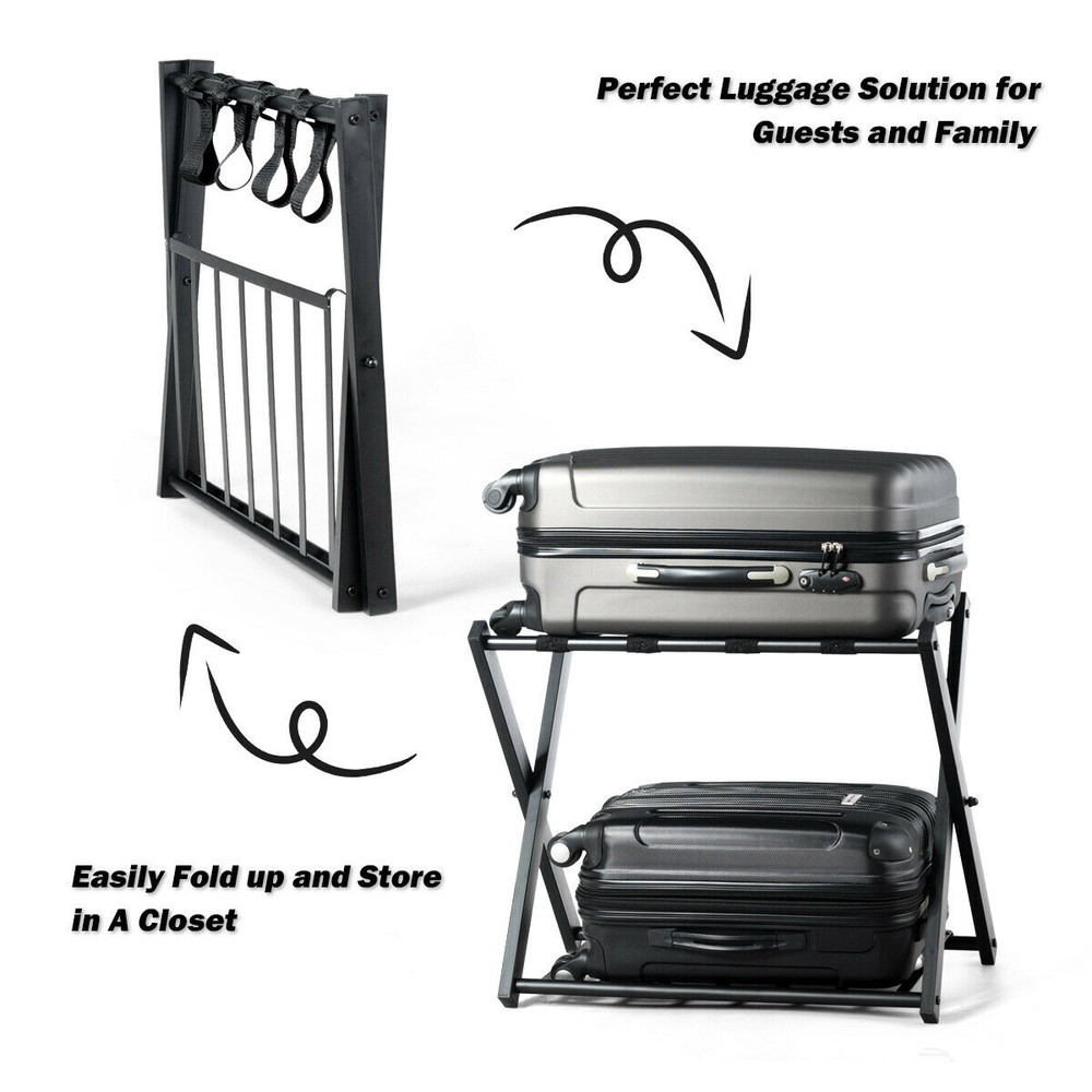Folding Metal Luggage Rack Set Durable Suitcase Stand With Storage Shelf Portable Guest Room Organi 3