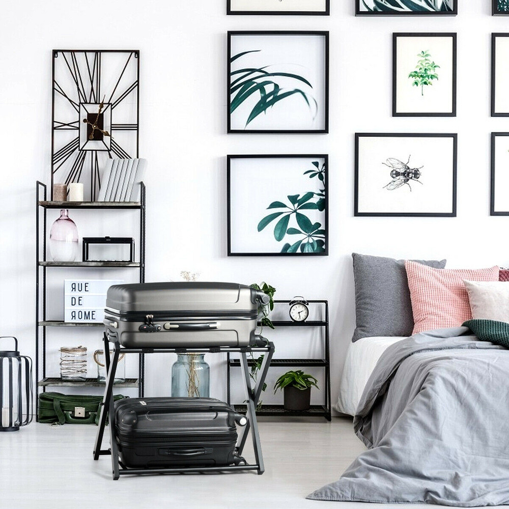 Folding Metal Luggage Rack Set Durable Suitcase Stand With Storage Shelf Portable Guest Room Organi 4