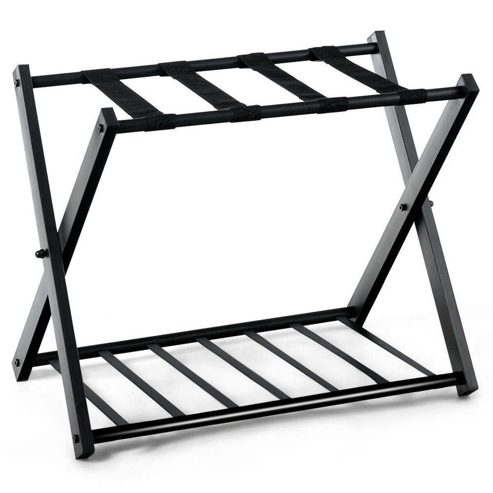 Folding Metal Luggage Rack Set Durable Suitcase Stand With Storage Shelf Portable Guest Room Organi 7