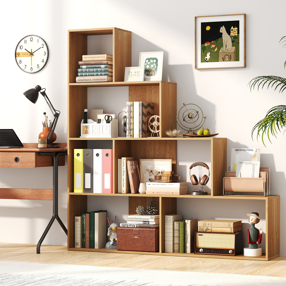 Modern LShaped Bookshelf Stair Step Bookcase With Open Display Cubes For Home Office  Bedroom Stora 2