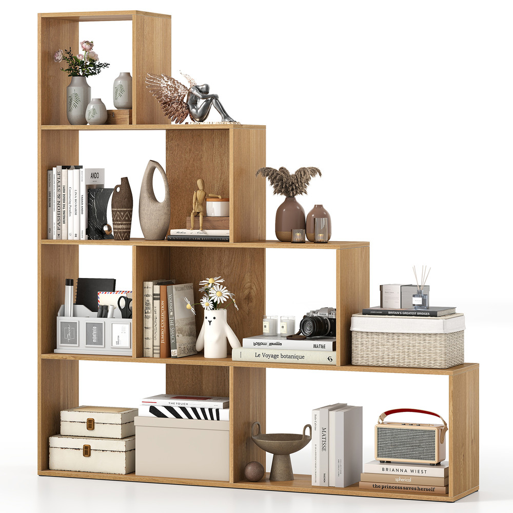 Modern LShaped Bookshelf Stair Step Bookcase With Open Display Cubes For Home Office  Bedroom Stora 7