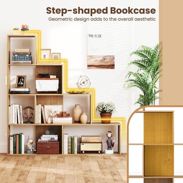 Modern LShaped Bookshelf Stair Step Bookcase With Open Display Cubes For Home Office Bedroom Stora 5