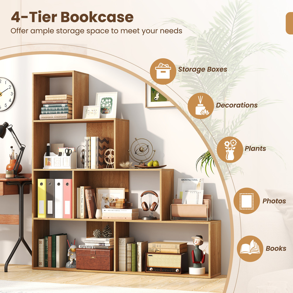 Modern LShaped Bookshelf Stair Step Bookcase With Open Display Cubes For Home Office  Bedroom Stora 3