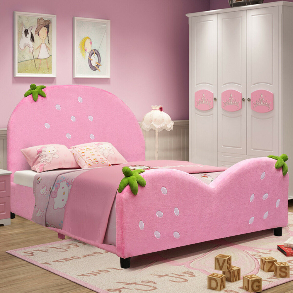 Berry Pattern Toddler Bed for Girls & Boys, Soft Upholstered Kids Bed