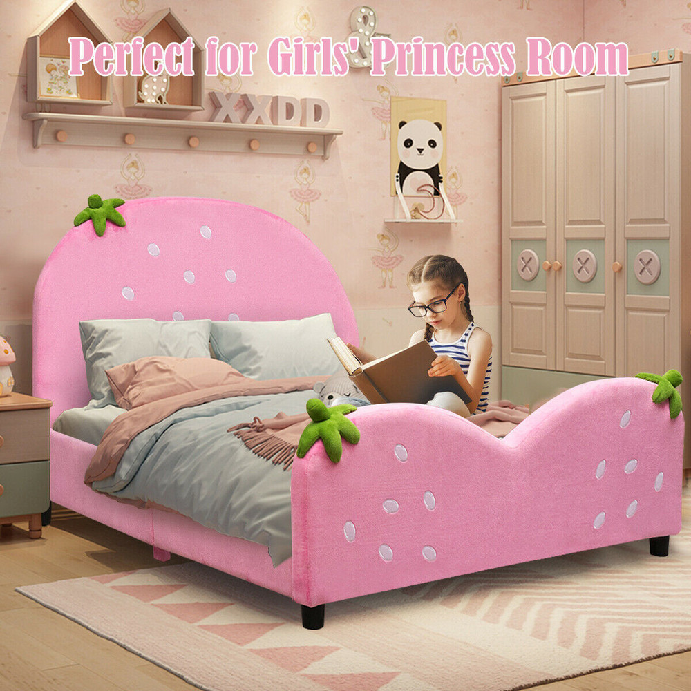 Berry Pattern Toddler Bed for Girls & Boys, Soft Upholstered Kids Bed